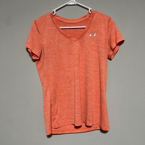 Under Armour Womens Medium Orange White Athletic V Neck Short Sleeve